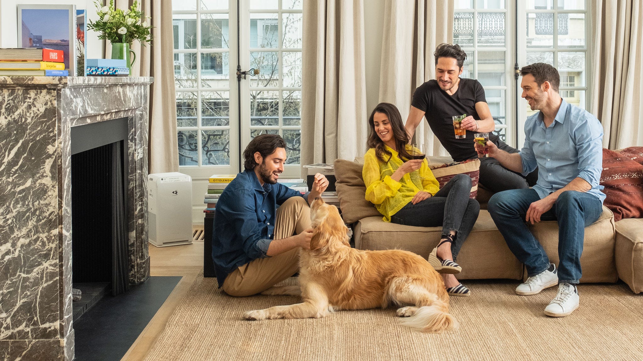 Purificador de aire que reduce la caspa de mascotas en una sala de estar con perro