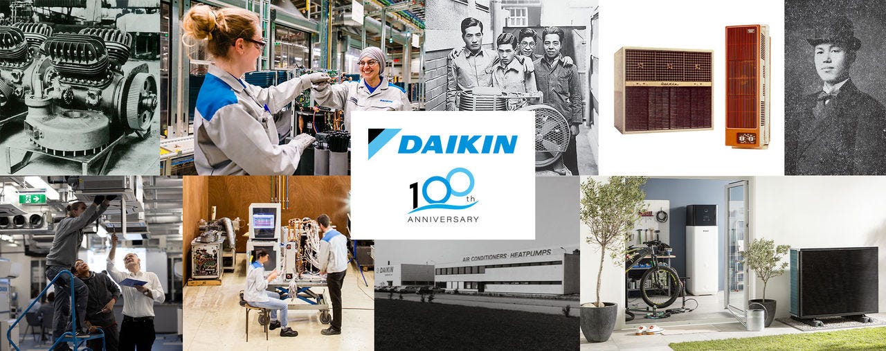 Imagen con diferentes secciones de la historia de Daikin