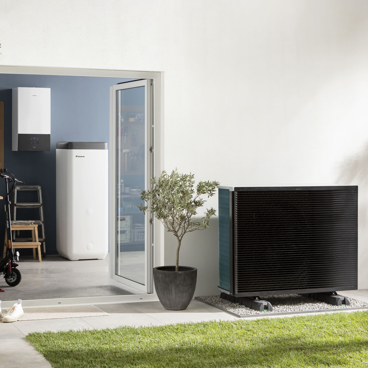 Heat pump outdoor unit in garden