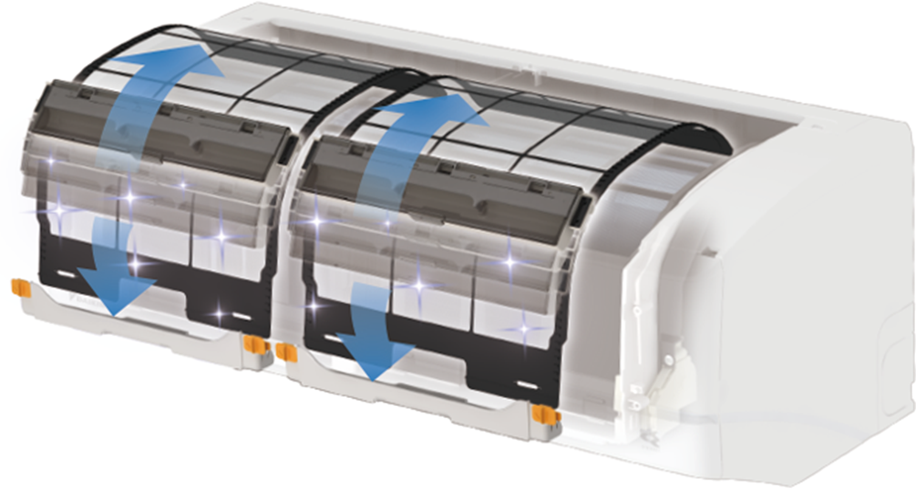 Funcionamiento de la tecnología de limpieza automática del filtro. Ilustración.