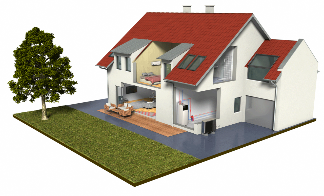 Un vistazo dentro de una casa con tres unidades interiores y una unidad exterior Daikin instaladas. Ilustración.