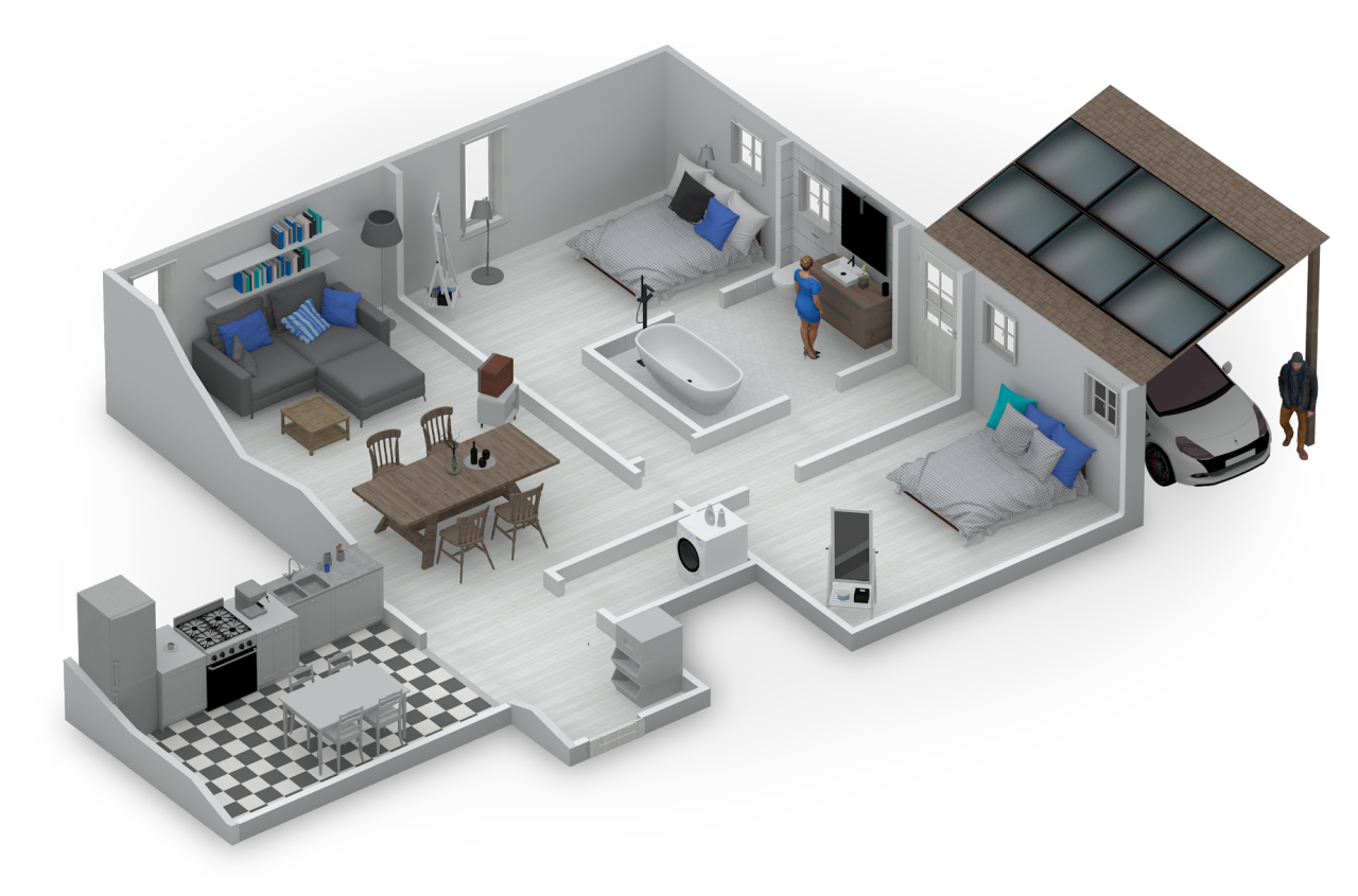 Plano en 3D de una vivienda que muestra las soluciones Daikin adaptadas a cada habitación